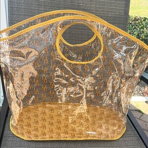 EUC Brown and Yellow D&B Tote with Unique Curved Shape and Transparent Design